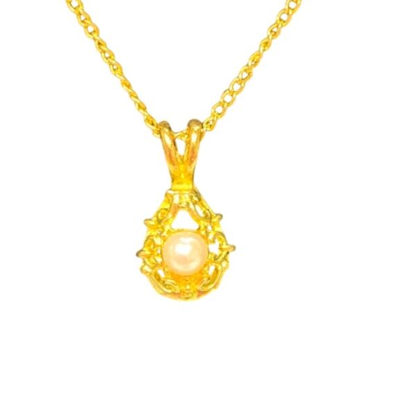 Vintage Ronte of Beverly Hills Filigree Pendant w Simulated Pearl 18" Necklace - Picture 5 of 6